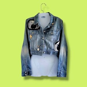 Cute VTG Custom Gen X Millenial Cat Lady "Lift Like Beasts" Crop Denim Jacket